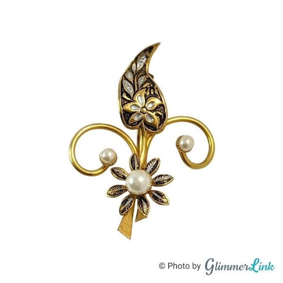 Vintage Damascene Style Floral Faux Pearl Gold Tone Brooch - Picture 1 of 6